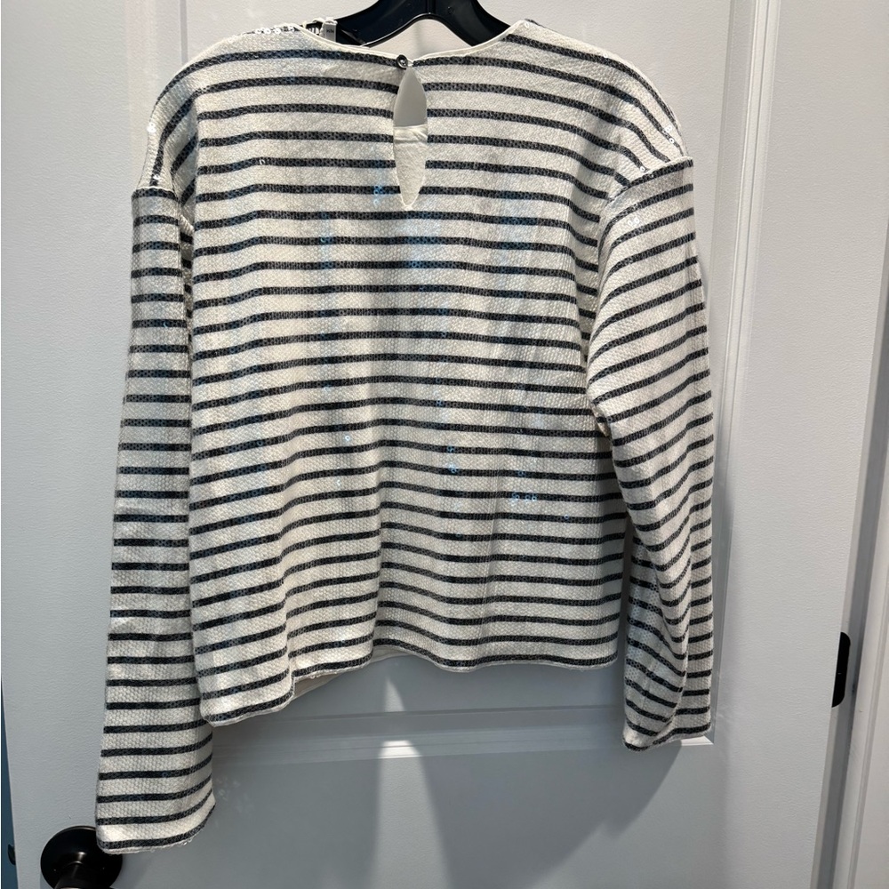 FRAME $398 Sequin Crewneck Sweater - White & Navy - Picture 4 of 6